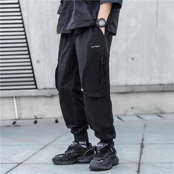 

men's pants side pockets cargo harem 2021 ribbons black hip hop casual male joggers trousers fashion streetwear