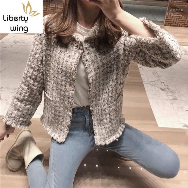 

elegant design new womens blends tweed jackets brand qualities single breasted o-neck spring autumn ladies outerwear coats1, Black;brown