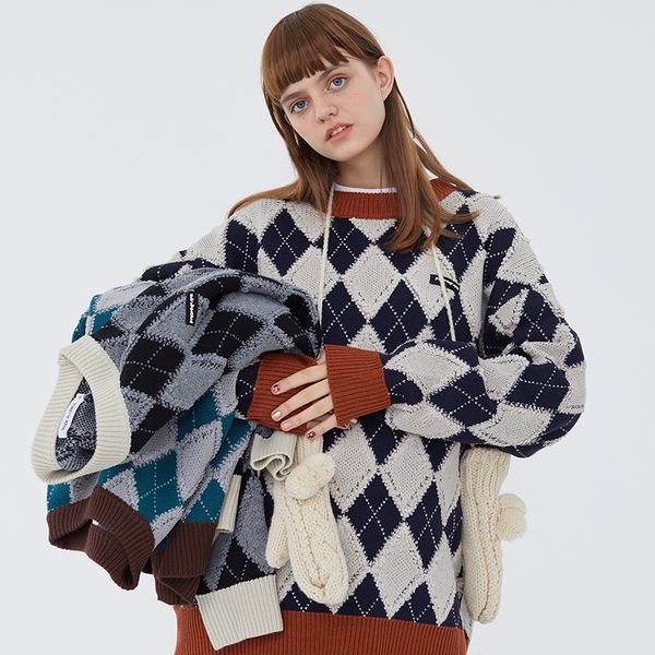 

2021 new vintage woman's chess y2k loose mesh jumper korean winter casual-neck thicken sweater sweaters mm87, White;black