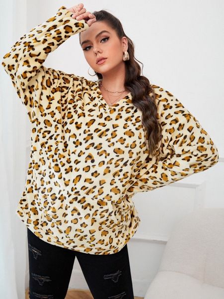 

plus leopard print drop shoulder velvet hoodie a9is#, Black
