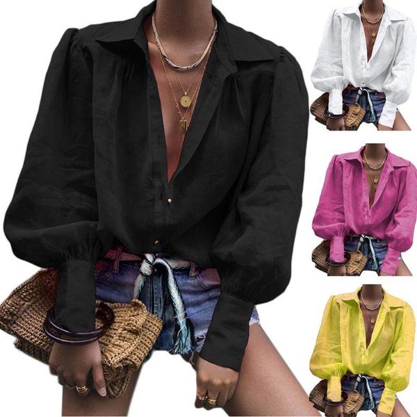 

women puff long sleeve blouse autumn lapel collar button up vintage shirt solid color office lady casual loose work streetwear, White