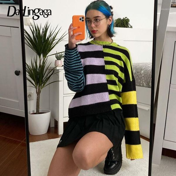 

darlingaga streetwear stripe patchwork vintage knitted sweater loose y2k pullover autumn women's sweaters contrast color cropped1, White;black