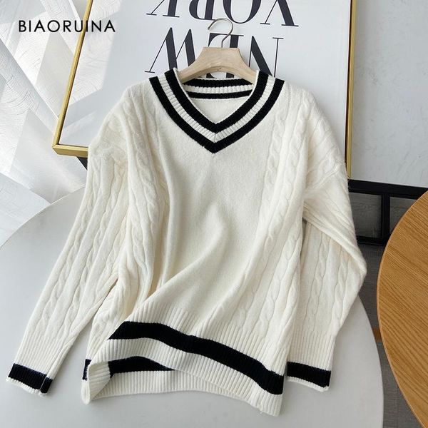 

biaoruina women's loose casual striped v-neck winding knitted pullover female preppy style elegant all-match sweater, White;black