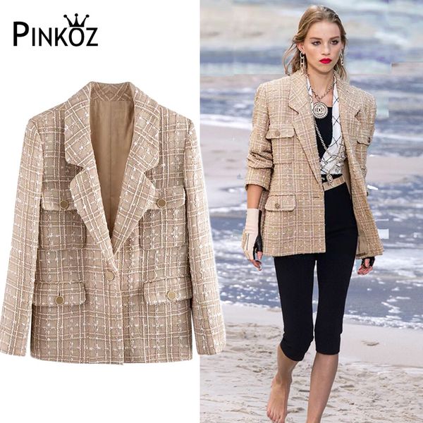 

pinkoz new fashion women's high-quality clothing runway designer celebrity style plaid single button jacket tweed blazer coatx1020, Black