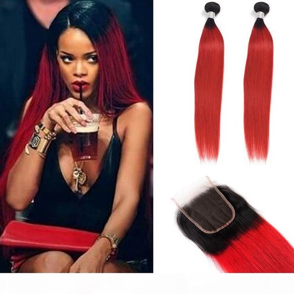 

peruvian human hair 1b red 2 bundles with 4x4 lace closure middle three part straight virgin hair wefts with 4 by 4 closures 10-28inch, Black;brown