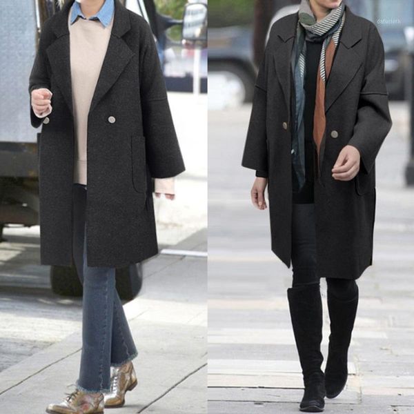 

women wool blend warm long coat plus size female slim fit lapel woolen overcoat autumn winter cashmere outerwear#g21, Black