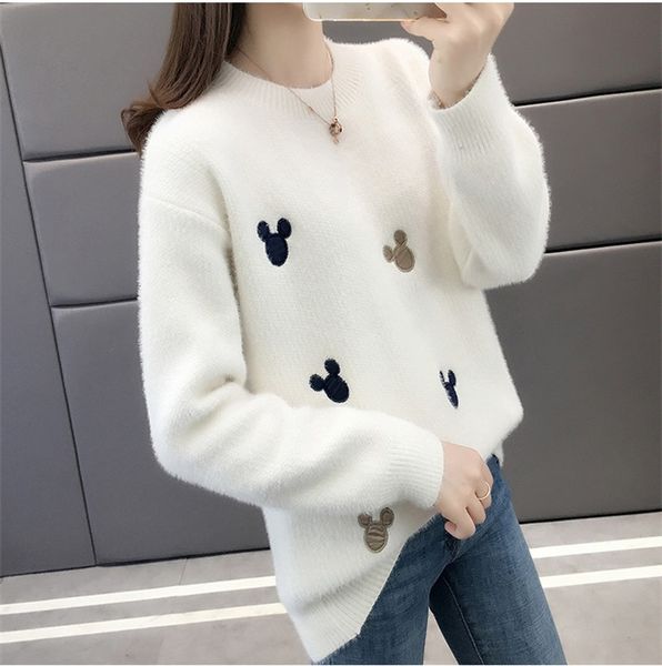

2021 new women mink fleece new autumn winter clothes o-neck long-sleeved knitted sweater bottoming shirt female 390 uy3n, White;black
