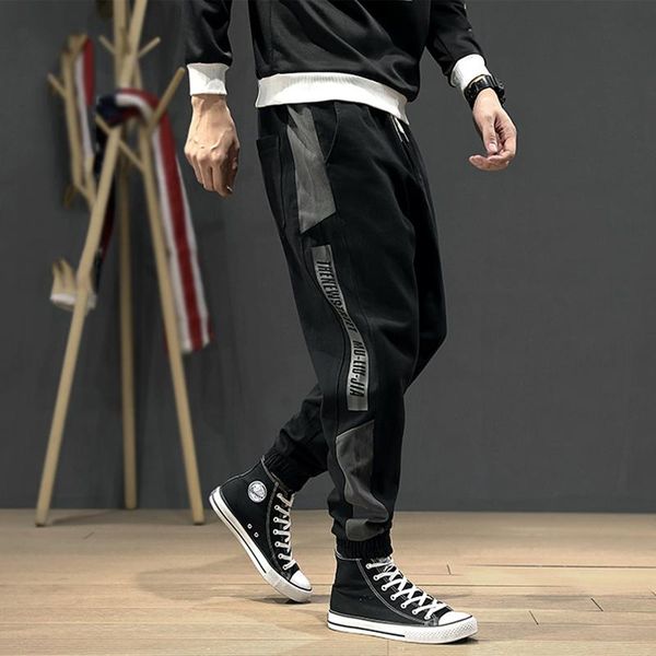 

korean style fashion joggers men loose fit casual leisure cargo pants side stripe harem trousers streetwear hip hop pants men, Black