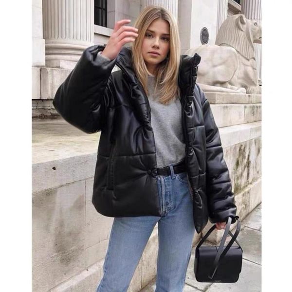 

na**shka ladies autumn and winter new products imported protein leather warm cotton jacket, Black