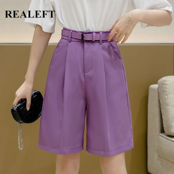 

realeft summer 2020 new purple formal half pants with belt high waist bermuda wide leg pants korean style elegant loose trousers 1017, Black;white