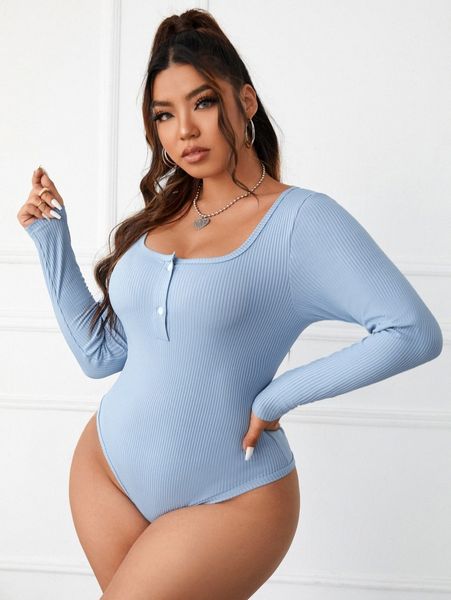 

plus ribbed knit quarter button bodysuit 17b6#, Black