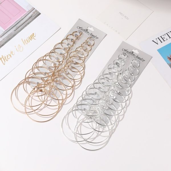 

12-piece set of exaggerated geometric big circle earrings for women hollow round gold silver colour small ears ring, Black