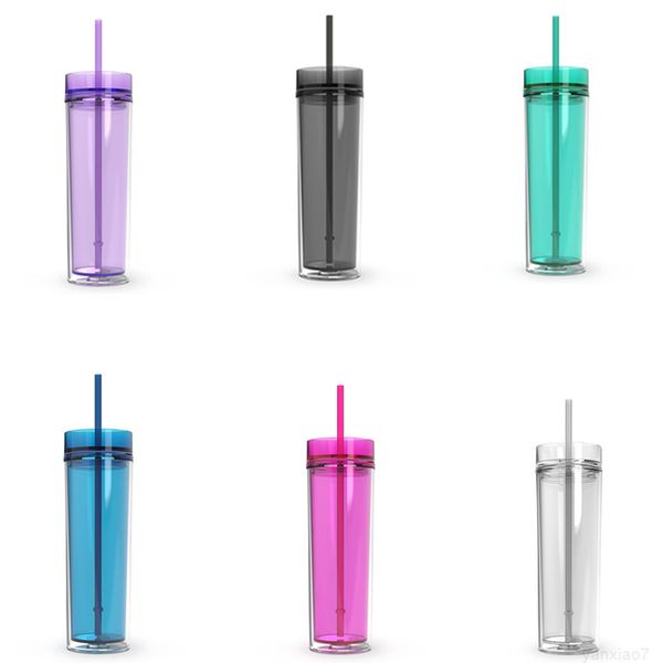 

16oz skinny tumbler with lid and matching color straw double wall clear plastic cup straight water bottle acrylic travel mug a05
