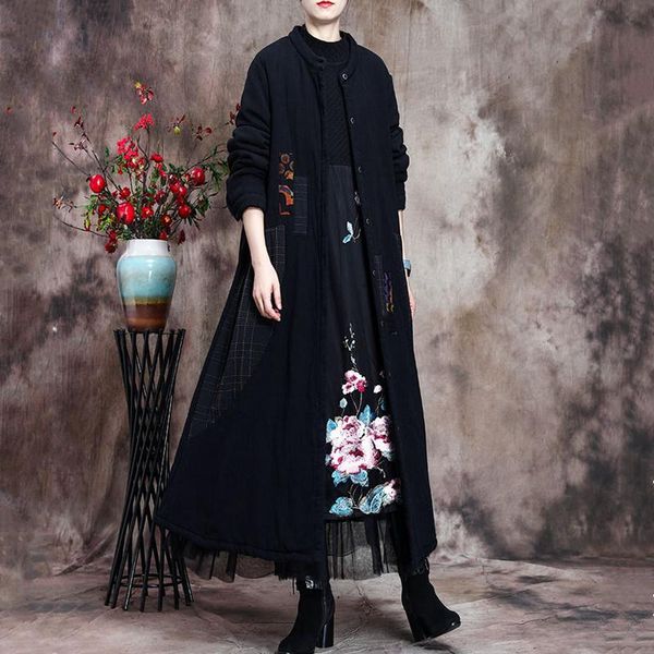 

2020 winter original retro cotton linen splicing printing quilted long coat overcoat loose large size folk-custom, Black