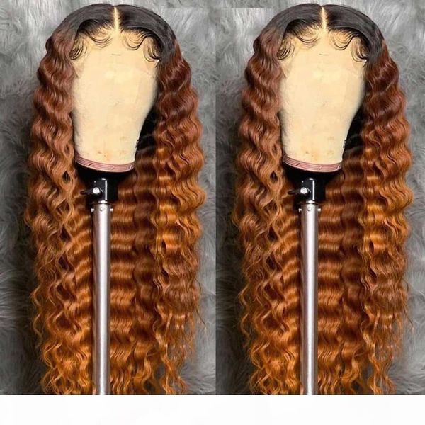 

1b 30 highlight wig deep wave wig ombre lace front human hair wigs hd transparent lace t part brazilian curly human hair, Black;brown