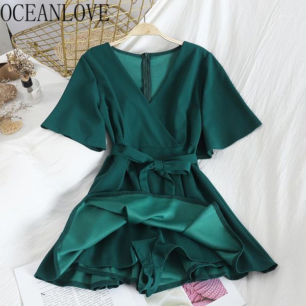 

oceanlove bow solid women jumpsuits v neck bandage korean zipper 2020 summer bodysuit high waist ropa mujer wide leg 145131, Black;white