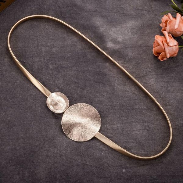 

korean elastic metal waist silver gold chain belts female round leaf buckle for women dresses strap waistband cummerbunds, Black;brown