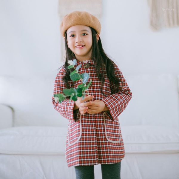 

autumn girl's plaid coat korean doll collar custom color grid medium long cute windbreaker 2-10 years old children's wear1, Blue;gray