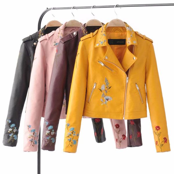 

new 2020 autumn women yellow slim cool lady pu leather jackets sweet female zipper faux embroidery femme outwear coat c1106, Black;brown