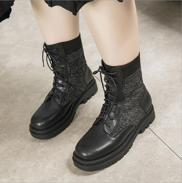 

autumn and winter new skinny socks boots plus fat and widened 41-43 large size feet fat feet wide boots women's thick-soled leather b, Black