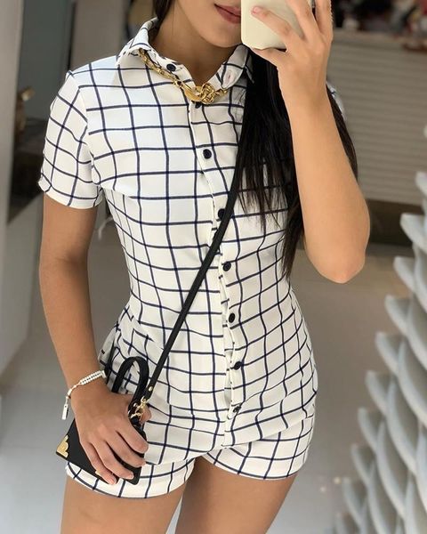 

elegant women playsuits skinny bottoned grid short sleeve female romper jumpsuit summer ladies overalls, Black;white