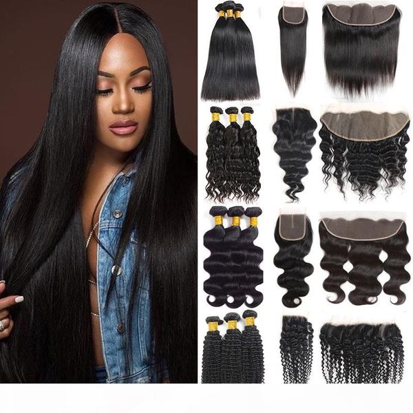 

brazilian virgin hair straight bundles with closures 8a unprocessed body wave human hair bundles with frontal kinky water deep wave weaves, Black