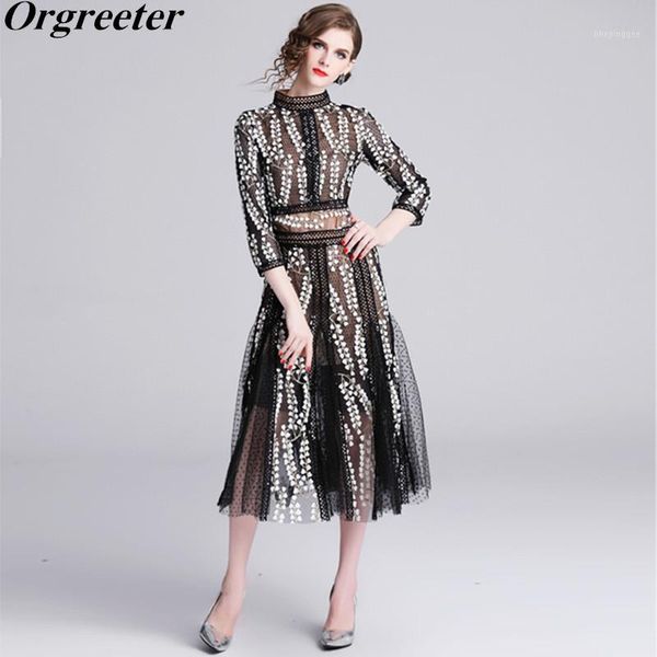 

casual dresses luxury gold embroidery party dress women's 3/4 sleeve black tulle gauze lace patchwork see though leafs dress1, Black;gray