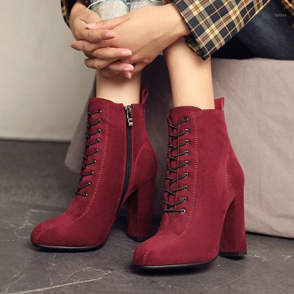 

deat 2020 new autumn and winter fashion casual solid color lace-up high thick heel women short boots waterproof sf2291, Black
