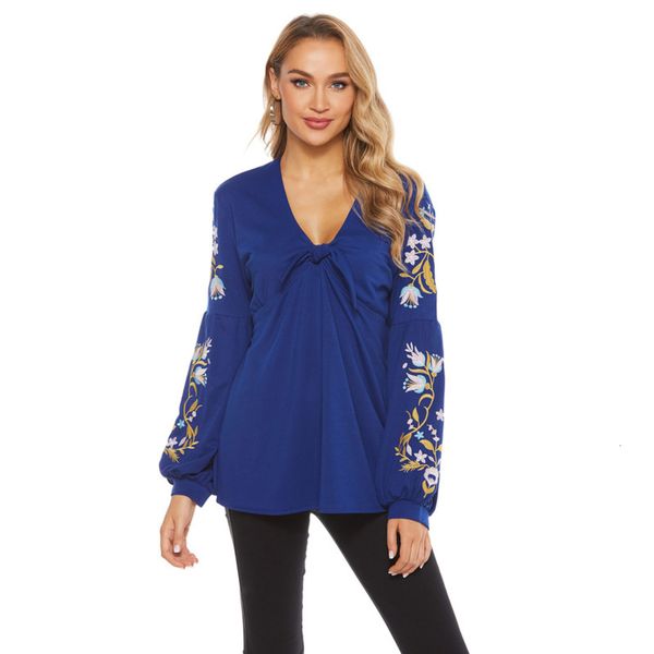 

pullover t-shirt lantern v-neck long loose sleeve embroidered flower for women, Black;gray