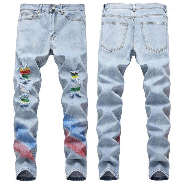 

men's jeans blue design colorful painted ripped logo stretch hand-painted trousers for summer men1