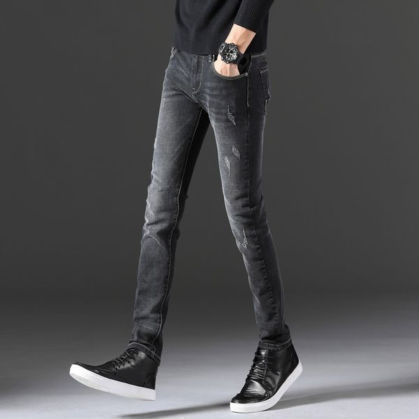 

2020 весной и осенью новые мужские корейские тонкие брюки молодежных джинсы и джинсы универсальны охладиться сплошной цвет промывают эластич, Blue