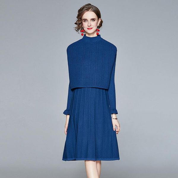 

jsxdhk new autumn winter knitted sweater sets elegant women flare sleeve blue dress two piece set + cloak loose vest suits, Gray