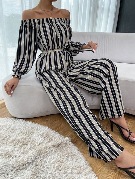 

off shoulder striped print belted jumpsuit j0g3#, White