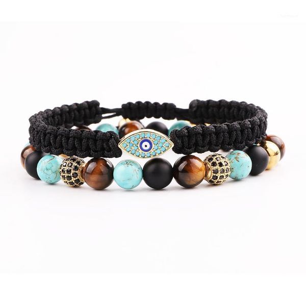 

men bracelet set new design cz pave eye charm natural stone bacelet set for men jewelry gift1, Black