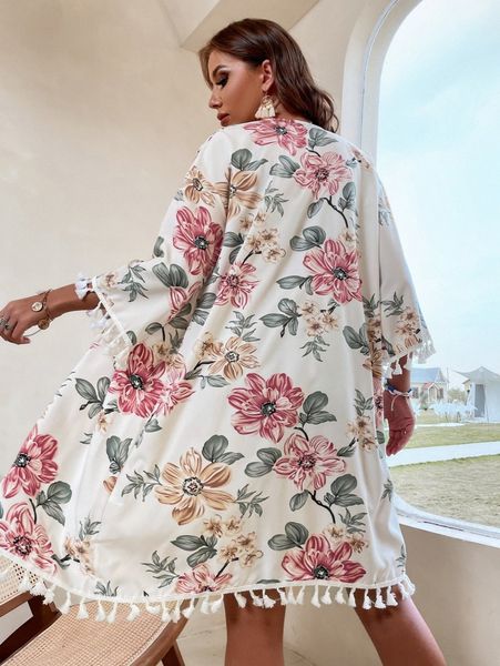 

floral print tassel decor kimono g4lj#, White;black