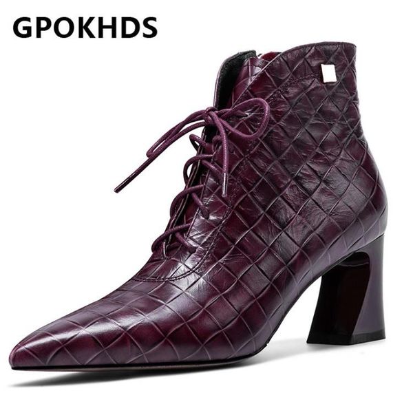 

gpokhds 2021 women ankle boots cow leather winter short plush pointed toe zipper high heels female boots size 40, Black