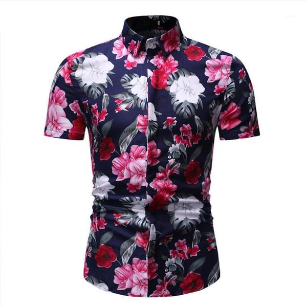 

zacoo men hawaii shirt summer flower printing lapel short sleeve male casual shirt1, White;black