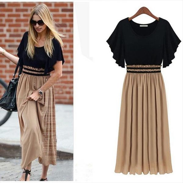 

womens summer dress knitted patchwork chiffon plus size clothing short sleeve slim waist one piece dress s 4xl p11003, Black;gray