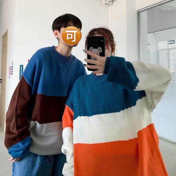 

2020 autumn and winter new youth popular loose japanese ins color matching sweater fashion casual all-match round neck pullover1, White;black