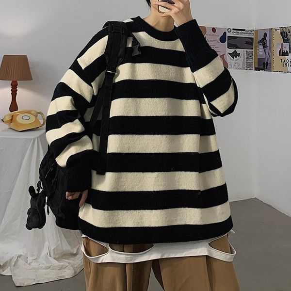 

men's sweaters crew neck striped long sleeve oversized pullover man autumn streetwear knit jumper men sweater harajuku, White;black