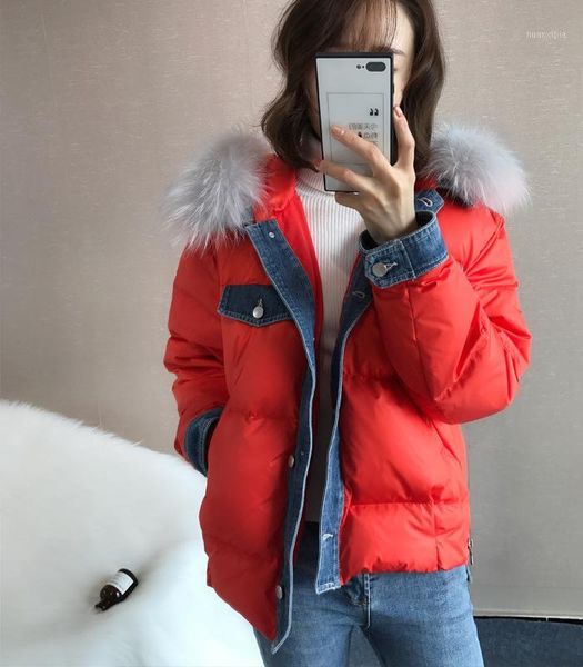 

2020 new women's winter down jacket hooded korean raccoon fur collar white duck down coat doudoune femme hiver kj30371, Black