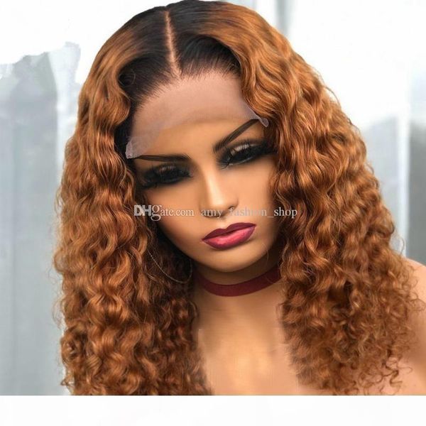 

ombre brown deep wave lace front human hair wigs 250% density brazilian remy hair 5*5 silk lace front wigs with baby hair, Black;brown