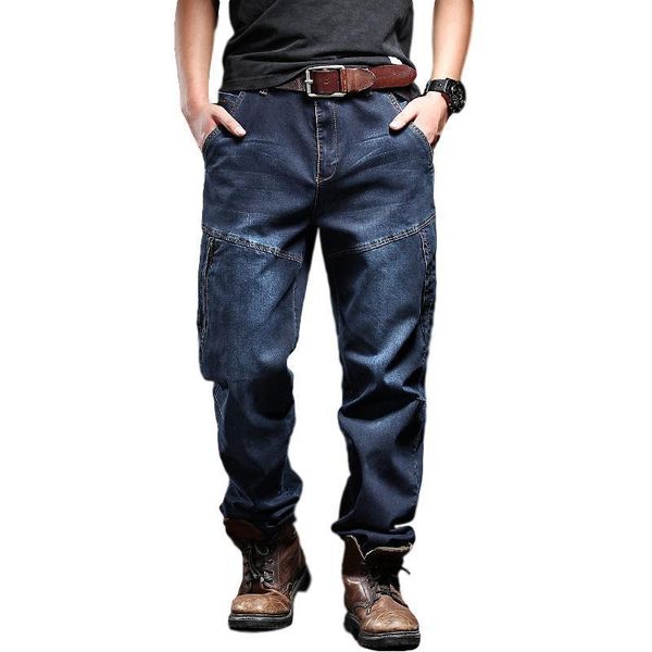 

men's jeans moruancle casual baggy cargo pants with zipper pockets tactical denim biker loose fit plus size 29-42, Blue