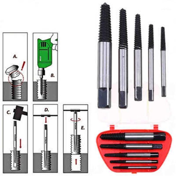 

5pcs screw extractor drill bits speed out tools set guide broken damaged bolt remover useful broken head bolt screw extractor1