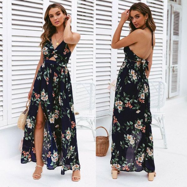 

2021 fashion women sleeveless boho floral print long maxi dress sleeveless evening party summer beach sundress dresses summer, Black;gray