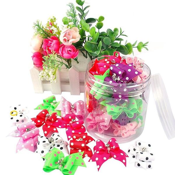 

20/50/pcs cute pet grooming accessories dog hair bows with rubber bands crystal rhinestone boutique for long hair small wmtbiz