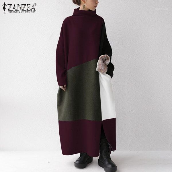 

fashion autumn turtleneck long sleeve sweatshirt dress zanzea women patchwork sundress casual fleece pullover hooded vestidos1, Black;gray