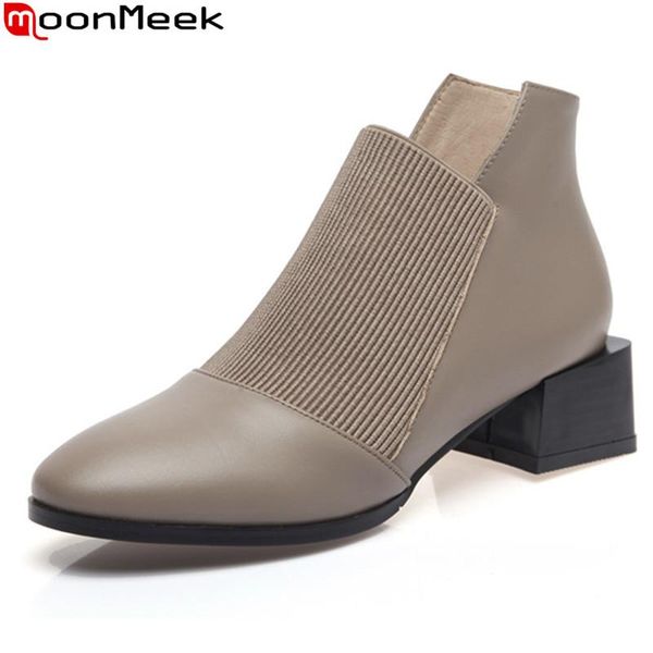 

moonmeek 2020 genuine leather boots square heels round toe ladies shoes autumn winter solid color ankle boots for woman, Black