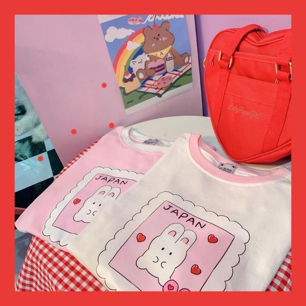 

2020 summer new women print cotton t-shirt girls student vintag casual sweet pink short sleeve pullover korean, White