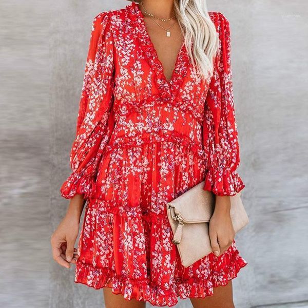 

women dresses v-neck backless dress printed elegant lantern sleeve ruffle dresses summer holiday mini dress vestido 20201, Black;gray